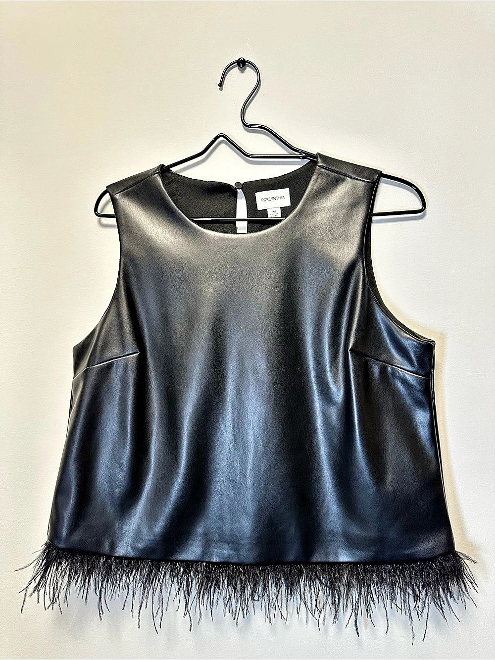 Forcynthia Black Faux Leather Feather Trim Sleeveless Top Size M NWT